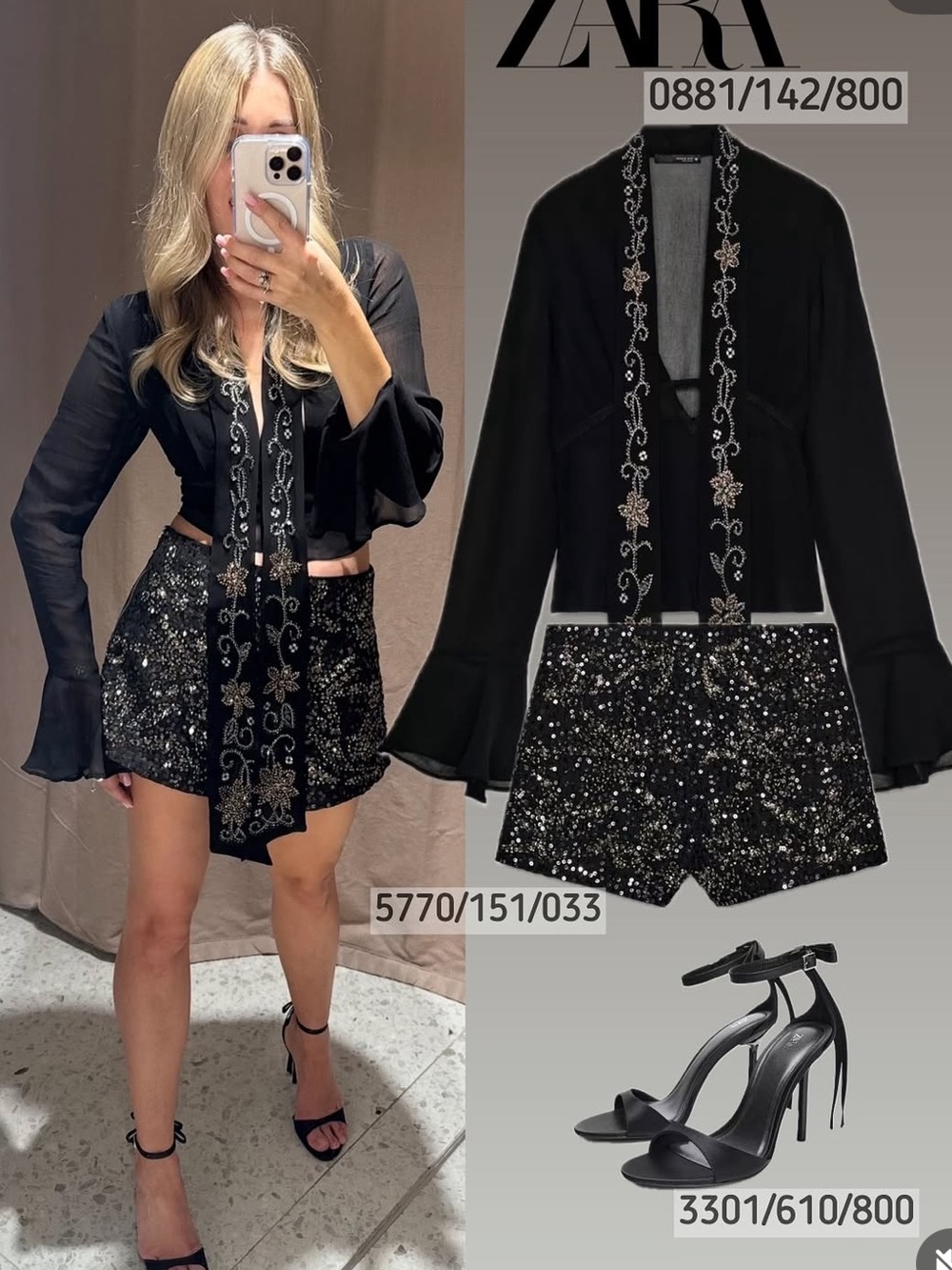 Zara Black Long-Sleeve Embellished Tie-Front Top
